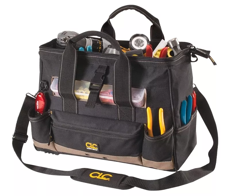 25-pocket 16 In. Tool Bag With Top Side Tray, Black/tan