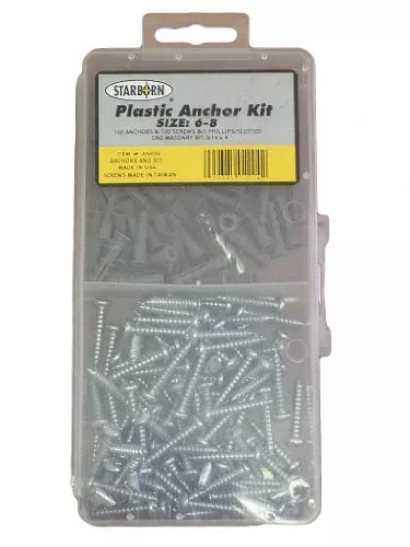 , ANK06, 100 Pack #6 - 8 Anchors, Screws 8 X 1' Phillips, Plastic Ribbed Anchor Kit