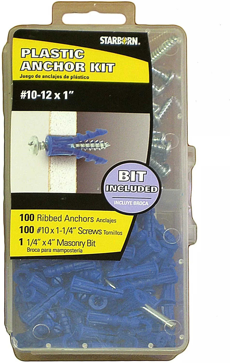 , ANK10, 100 Pack #10 - 12 Anchors, Screws 10 X 1' Phillips, Plastic Ribbed Anchor Kit